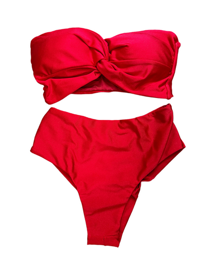 Conjunto Ibiza Vermelho - Top Sem Alça com Bojo e Calcinha Cintura Alta